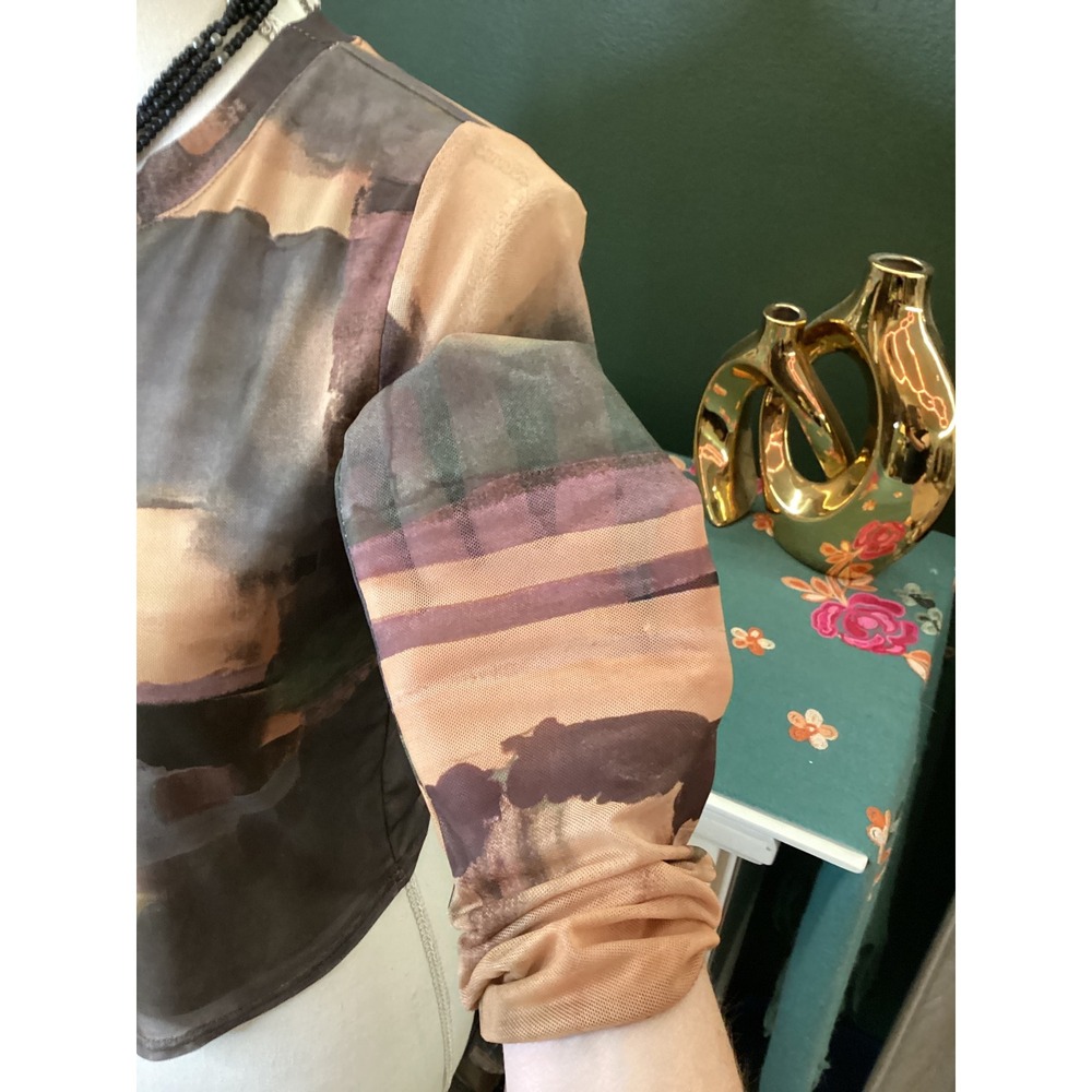 Willow + Root Mesh Top Medium Abstract Watercolor Long Sleeve Crop NWT - Picture 2 of 5